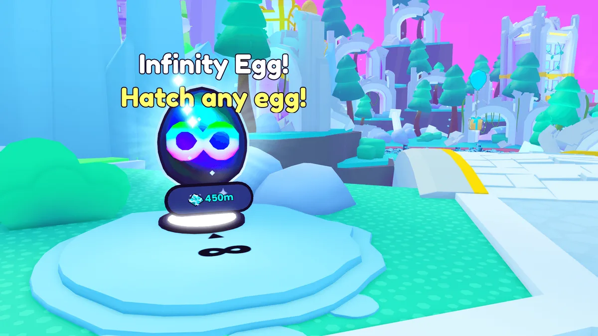 แท่น Infinity Egg สีรุ้งมีสัญลักษณ์อินฟินิตี้และราคา 450m ในฉาก Fantasy World
