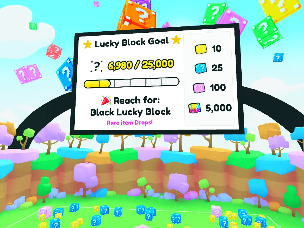 ป้าย Lucky Block Goal แสดงแต้ม 6,980 จาก 25,000 แถบความคืบหน้า และระดับบล็อก