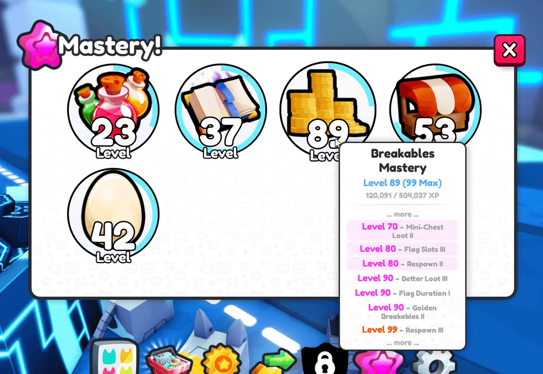 เมนู Mastery แสดงห้าสายพร้อมเลเวล และแผง Breakables Mastery ที่มี XP กับ Perks ถัดไป