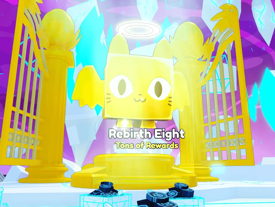 แท่น Rebirth Eight สีทองอยู่หน้าผนังผลึกสีฟ้าและม่วง