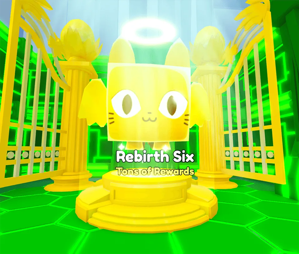 แท่นแมวสีทองเขียน Rebirth Six ในห้องพื้นและผนังสีเขียว