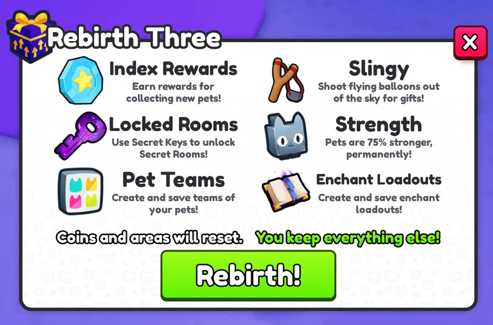 หน้าต่าง Rebirth Three แสดง Index Rewards, Slingy, Locked Rooms, Strength, Pet Teams และ Enchant Loadouts