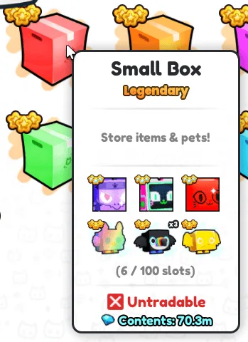 หน้าต่าง Small Box แสดงของในกล่อง 6 จาก 100 ช่อง สถานะ Untradable และเวลารวมของภายใน