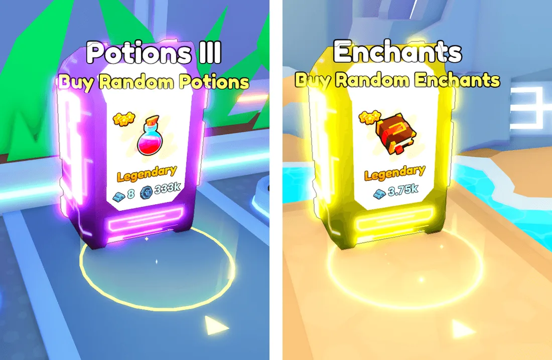 ตู้ขาย Potions III สีชมพูและ Enchants III สีเหลืองแสดงสินค้า ระดับ และราคาบนป้าย
