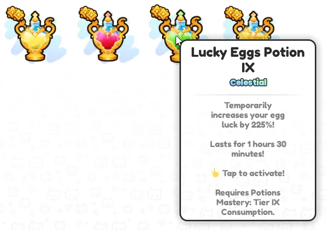 Potion ระดับเก้าหลายขวดพร้อมแผง Lucky Eggs Potion IX ที่ระบุผล เวลา และเงื่อนไข Mastery