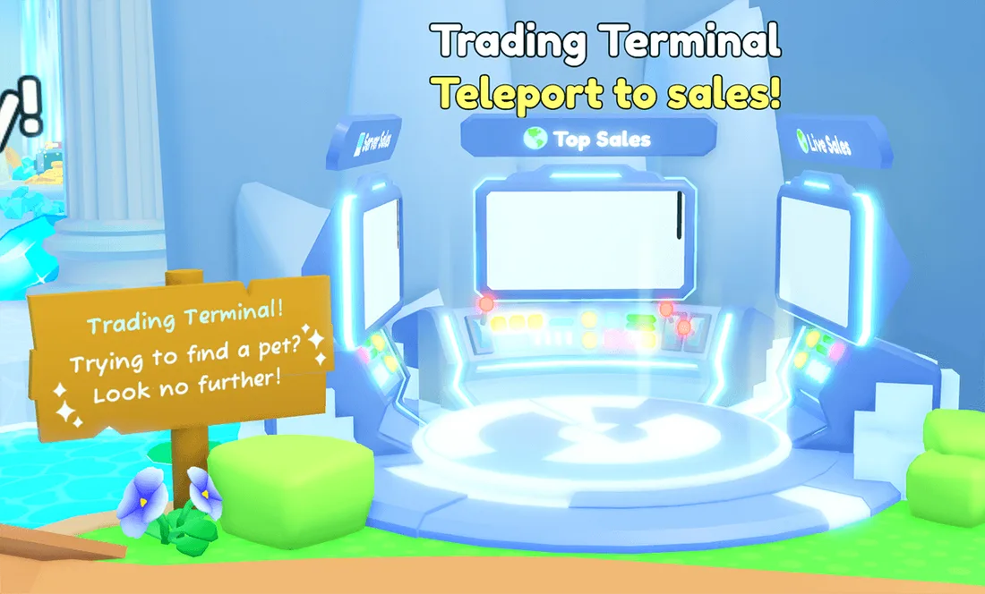 เครื่อง Trading Terminal มีจอสามช่องและป้าย Teleport to sales อยู่เหนือแท่นวงกลม