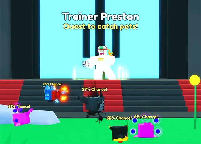 Trainer Preston ยืนบนบันไดใต้ป้าย Quest to catch pets โดยมีสัตว์อยู่ด้านหน้า