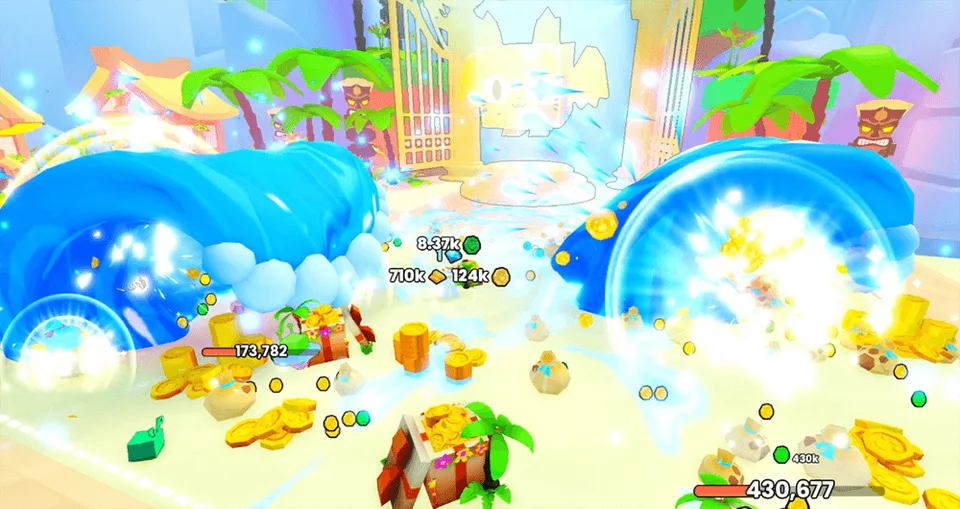 ภาพคลื่นสีน้ำเงินจาก Tsunami พัดผ่านสิ่งของใกล้ประตูในเกม