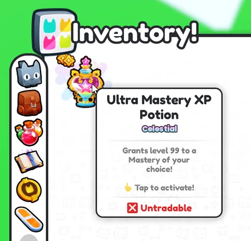 ขวด Ultra Mastery XP Potion สีทองชมพูในคลัง พร้อมคำอธิบายให้ Mastery ที่เลือกถึงเลเวล 99 และข้อความ Untradable