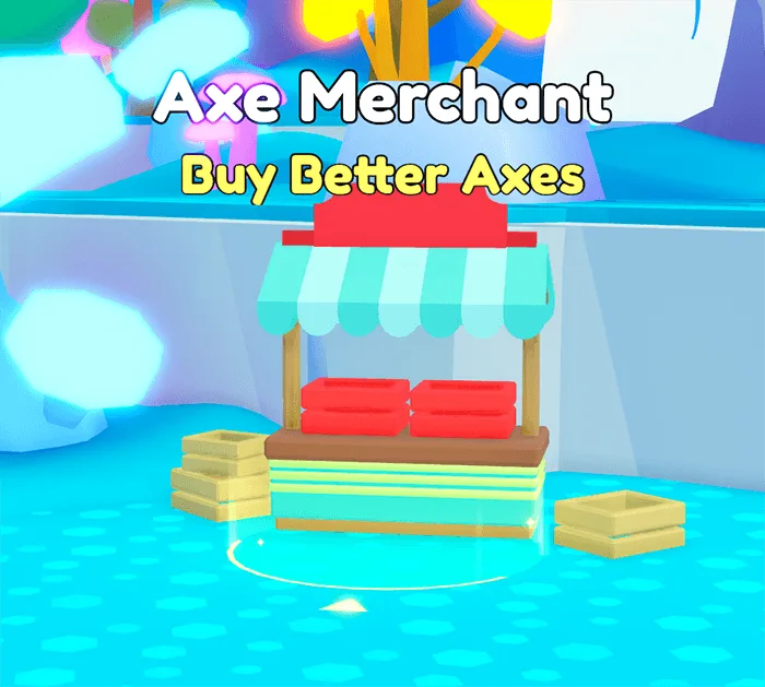 ร้าน Axe Merchant มีป้าย Buy Better Axes และแผงหลังคาสีแดงฟ้า