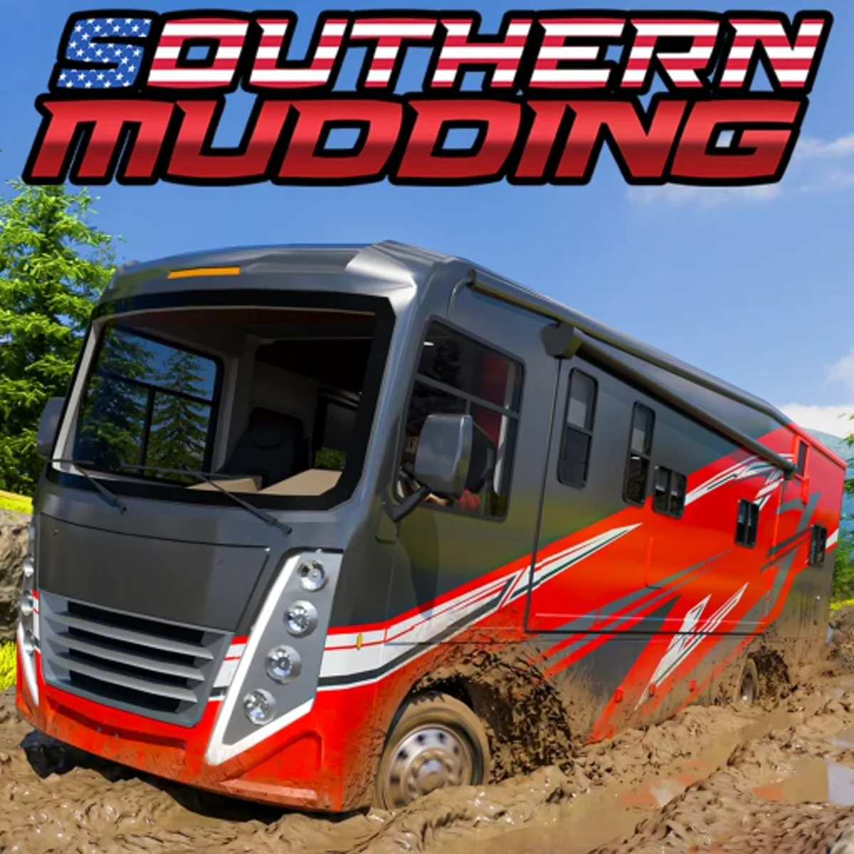 ไอคอน Southern Mudding แสดงรถ RV สีเงินแดงลุยทางดินพร้อมโลโก้เกม