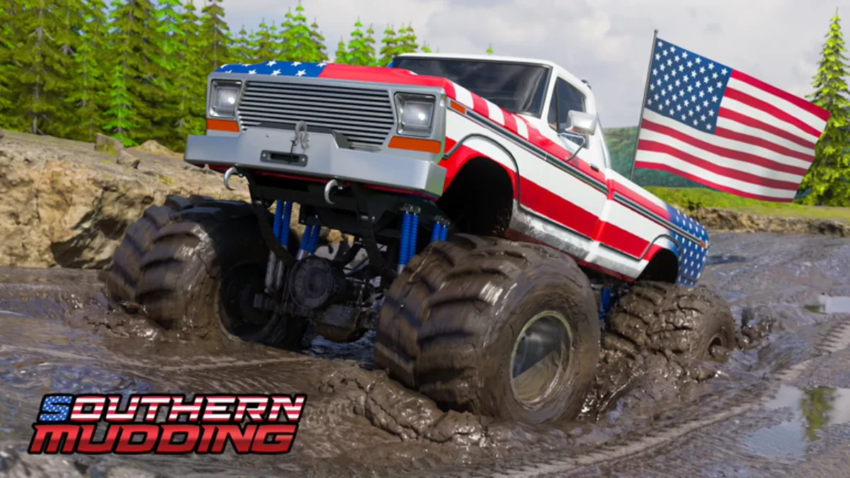 ภาพโปรโมต Southern Mudding แสดงรถล้อยักษ์สีขาวแดงกับธงสหรัฐบนโคลน