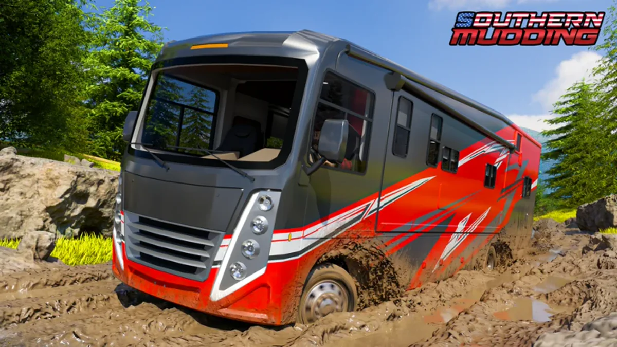 ภาพโปรโมต Southern Mudding แสดงรถ RV สีเงินแดงกำลังลุยทางดิน