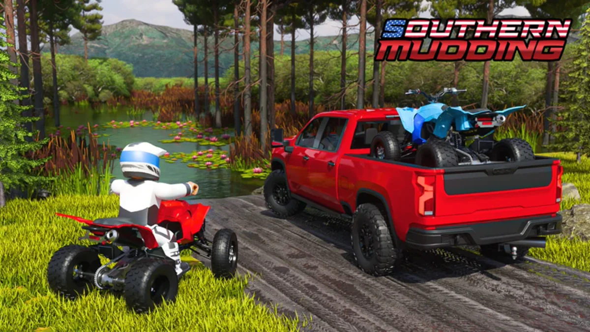 ภาพโปรโมต Southern Mudding แสดงรถกระบะสีแดงบรรทุก ATV ผ่านทางป่า