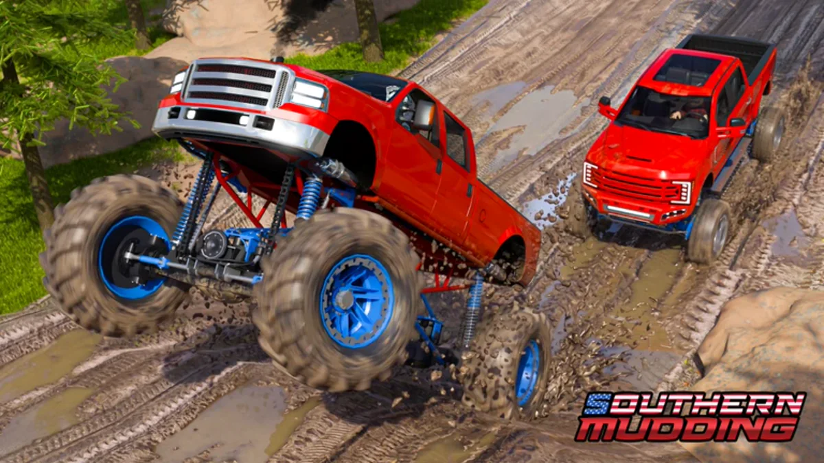 ภาพโปรโมต Southern Mudding แสดงรถกระบะยกสูงสีแดงสองคันบนทางหิน