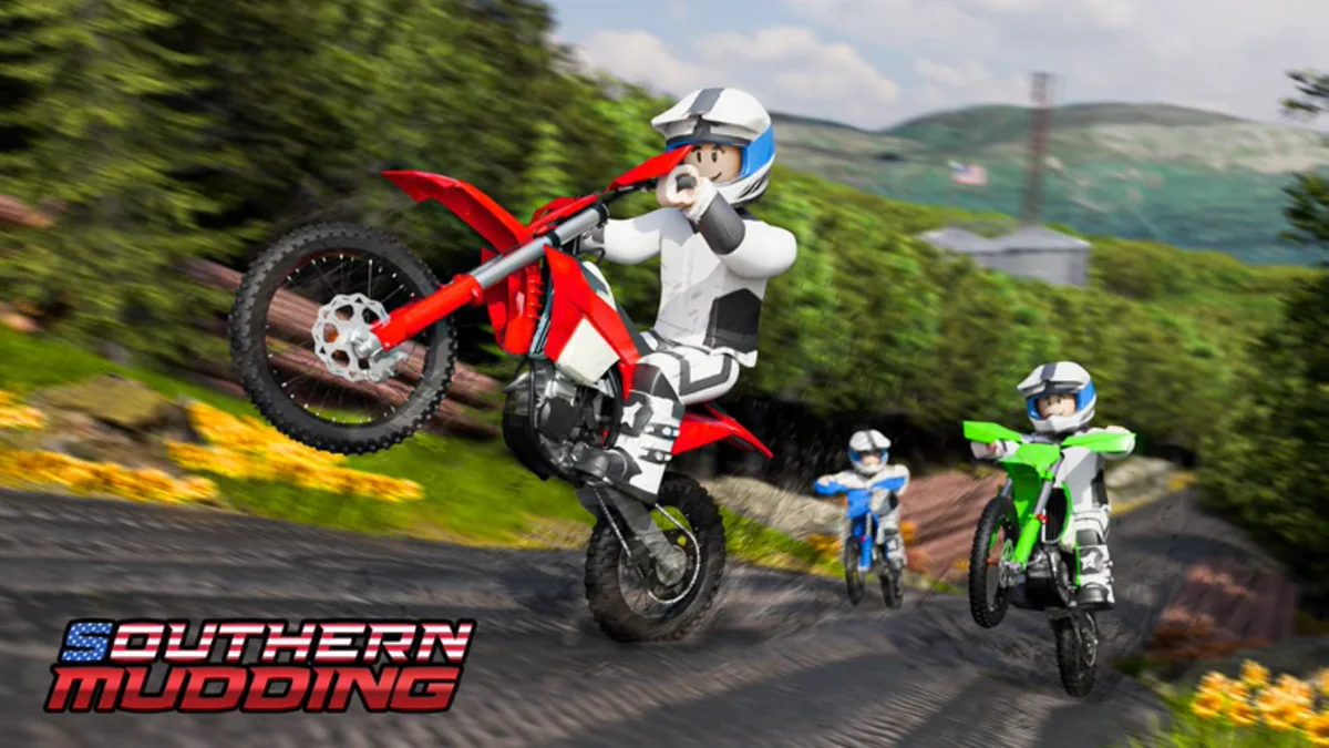 ภาพโปรโมต Southern Mudding แสดงผู้เล่นขี่ dirt bike บนเส้นทางป่า