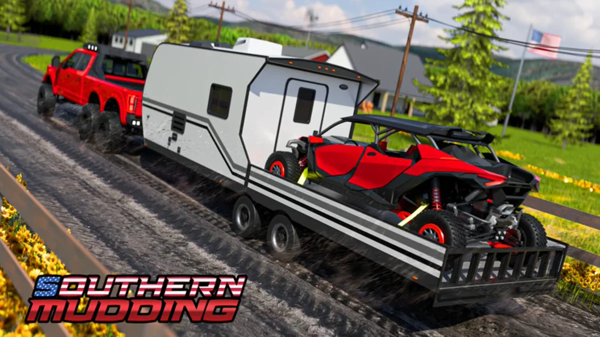 ภาพโปรโมต Southern Mudding แสดงรถกระบะลาก RV และรถบักกี้สีแดง