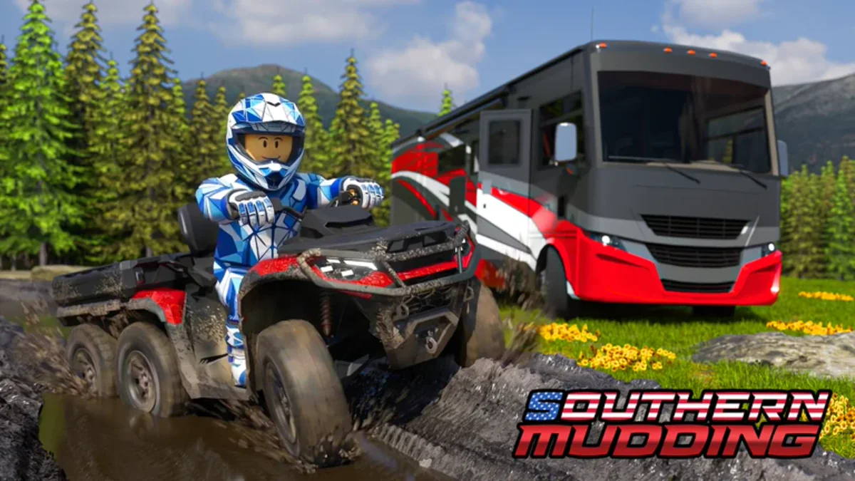 ภาพโปรโมต Southern Mudding แสดงผู้เล่นขี่ ATV โดยมีรถ RV อยู่ด้านหลัง
