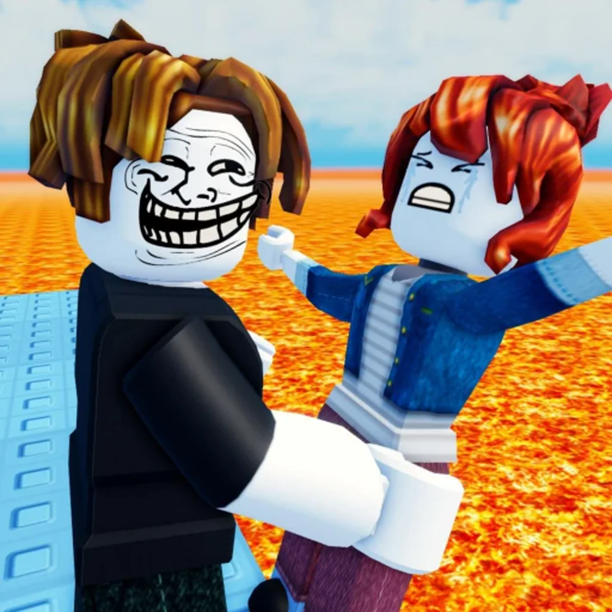 ไอคอนเกม TROLL Hug Tower แสดงตัวละคร Roblox สองคนบนพื้นเหนือลาวา