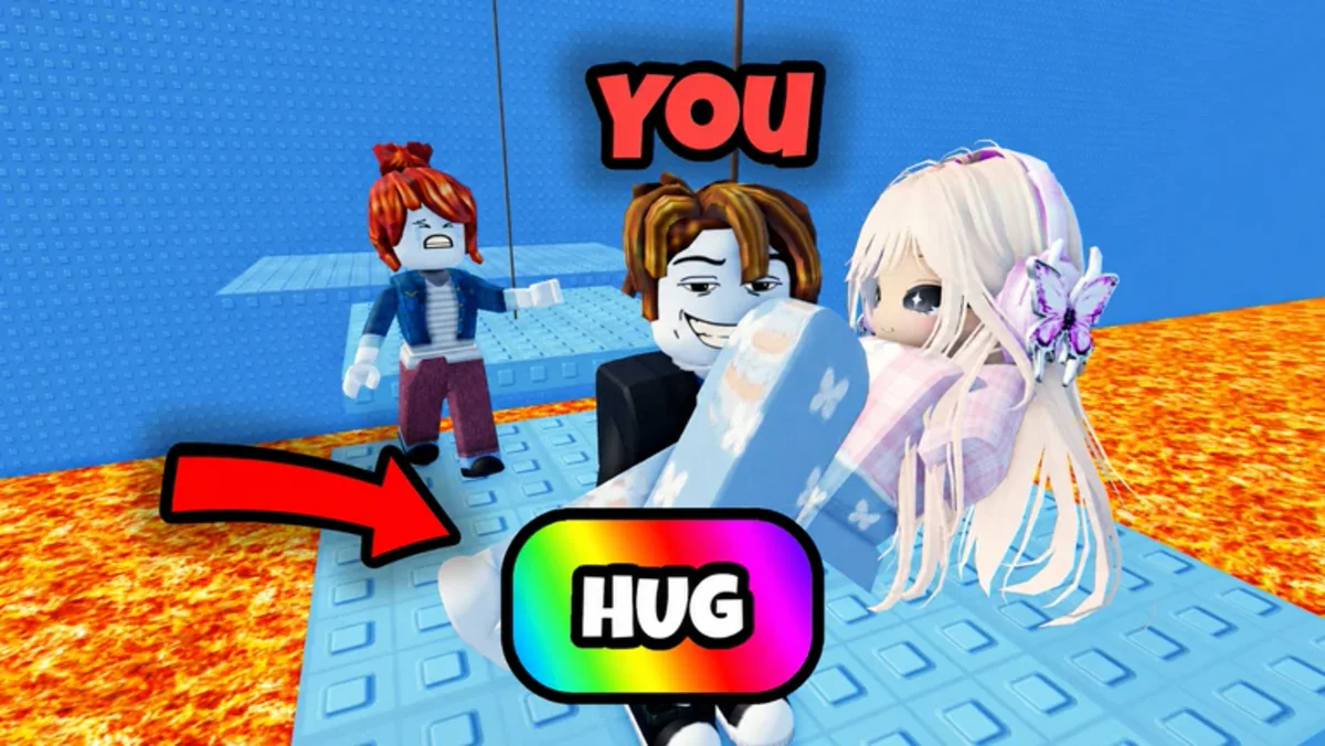 ภาพ Media ทางการ TROLL Hug Tower แสดงตัวละครบนแท่นเหนือลาวาและป้าย HUG