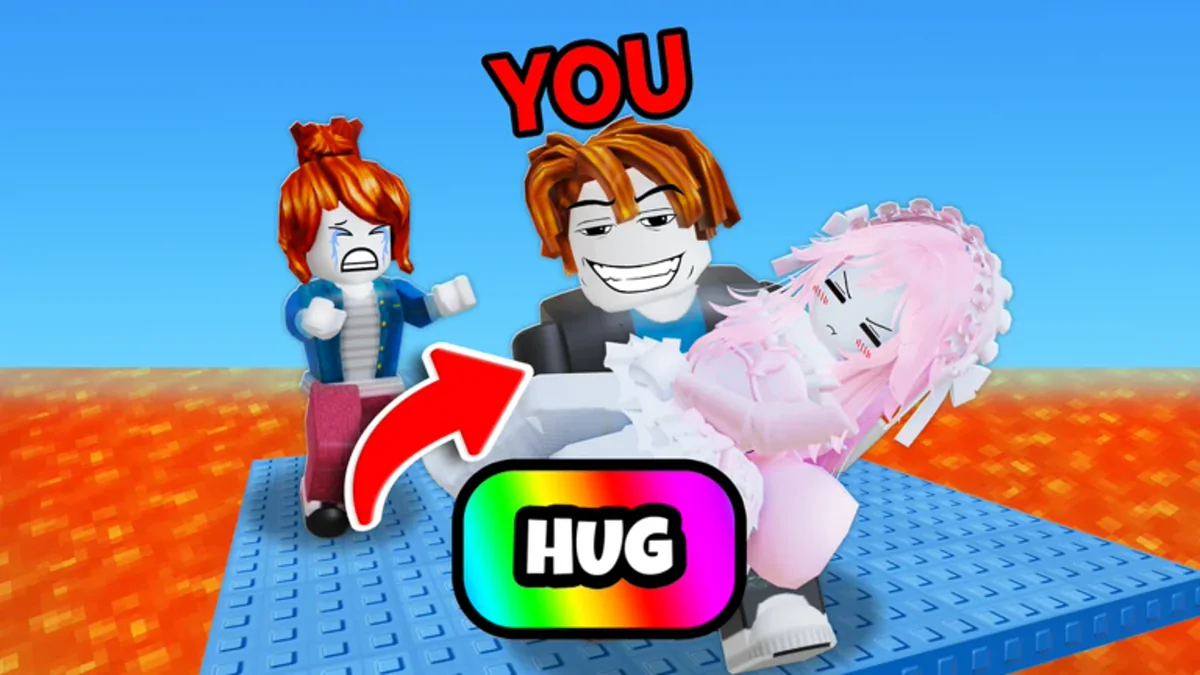 ภาพ Media ทางการ TROLL Hug Tower แสดงตัวละครสามคนบนแท่นเหนือลาวาพร้อมป้าย HUG