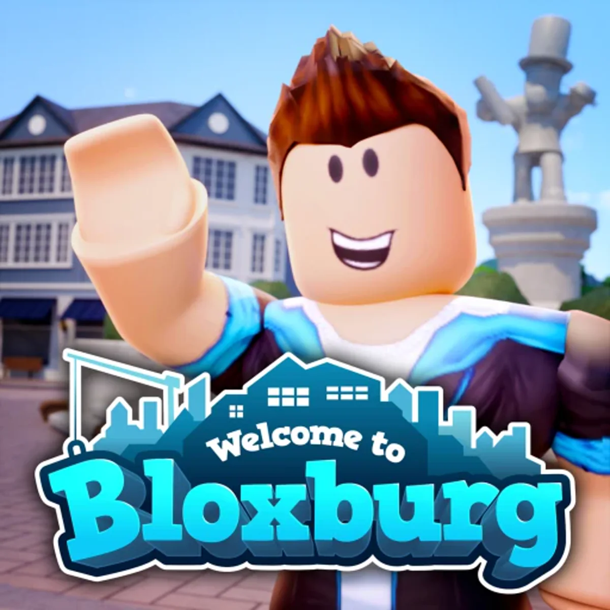ไอคอน Welcome to Bloxburg มีตัวละคร Roblox โบกมือหน้าบ้าน