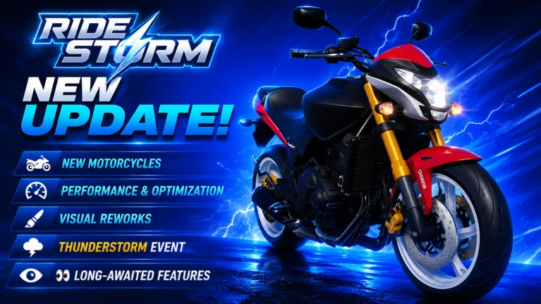 ภาพทางการ Ride Storm โปสเตอร์ New Update สีน้ำเงินพร้อมมอเตอร์ไซค์และหัวข้อรายการ · Event ⚡ NEW UPDATE! ⚡ · 6957577790560535161