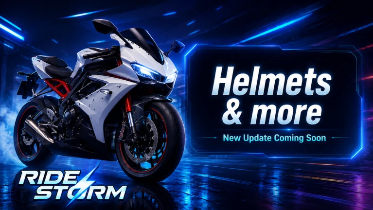 ภาพทางการ Ride Storm โปสเตอร์ Helmets & more สีน้ำเงินกับมอเตอร์ไซค์ขาว · Event Update · 1123058513921311511