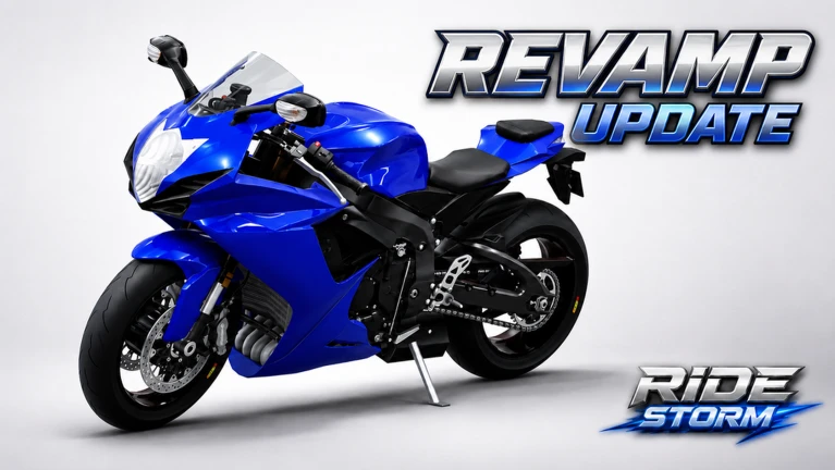 ภาพทางการ Ride Storm โปสเตอร์ Revamp Update พร้อมมอเตอร์ไซค์สีน้ำเงิน · Event ⚡ REVAMP UPDATE ! · 1700870961320034971