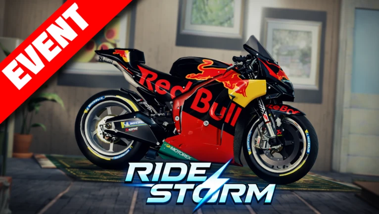 ภาพทางการ Ride Storm มอเตอร์ไซค์แข่งสีแดงดำในห้องพร้อมป้าย Event · Event 💰 2X CASH EVENT 💰 · 1143762063894643311