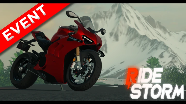 ภาพทางการ Ride Storm มอเตอร์ไซค์สีแดงหน้าภูเขาหิมะกับป้าย Event · Event 💰 2X CASH EVENT 💰 · 134221356936725123