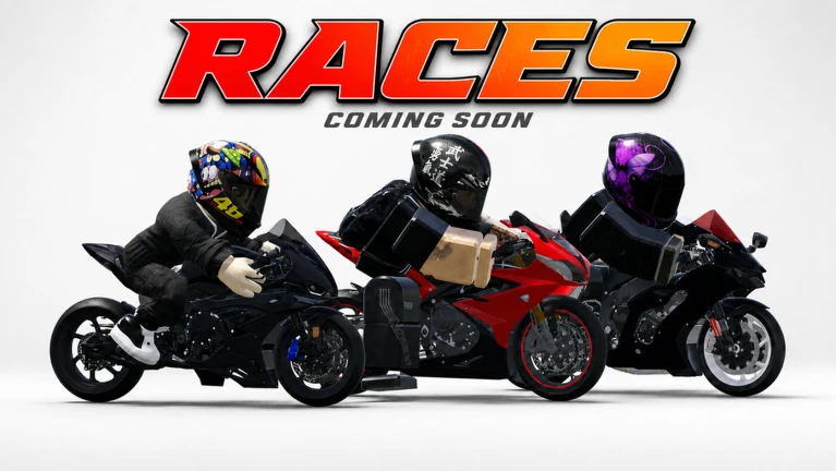 ภาพทางการ Ride Storm โปสเตอร์ Races Coming Soon กับมอเตอร์ไซค์และผู้ขี่สามคน · Event 🏁 Races Update 🏁 · 1275518147163718289