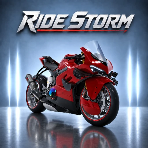 ภาพทางการ Ride Storm มอเตอร์ไซค์สีแดงใต้โลโก้ Ride Storm บนฉากสีน้ำเงิน · ไอคอน Ride Storm