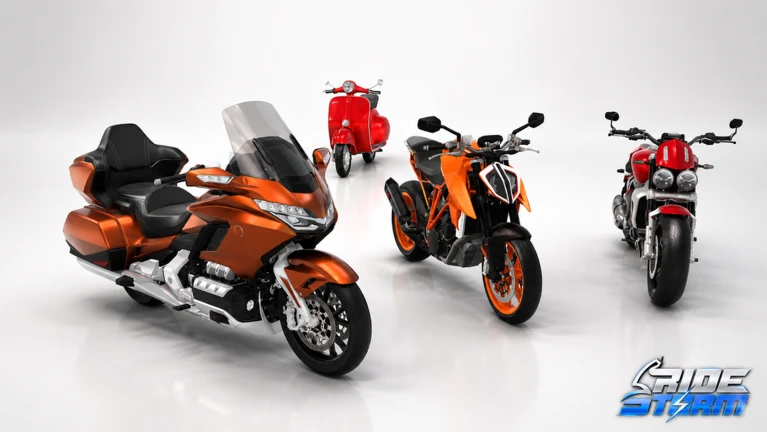 ภาพทางการ Ride Storm มอเตอร์ไซค์สามแบบสีส้มดำและแดงบนพื้นขาว · Media Ride Storm · 100507478761507