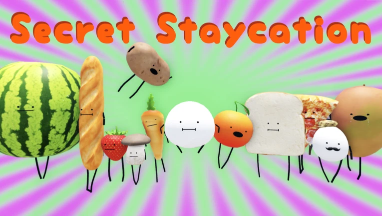 ภาพทางการ Secret Staycation: กลุ่มตัวละครอาหารกับชื่อเกมบนพื้นชมพูเขียว · โปสเตอร์ Event April Fool's Event · 1470977902752432691