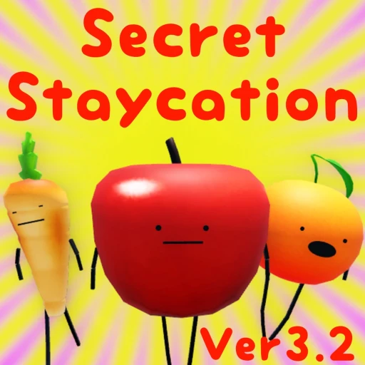 ภาพทางการ Secret Staycation: แอปเปิลสีแดงกับเพื่อนอาหารบนพื้นเหลืองและชื่อเกม · ไอคอน Secret Staycation