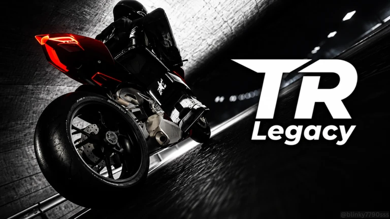 ภาพทางการ TR Legacy: รถจักรยานยนต์สีดำบนพื้นผิวเข้มและโลโก้ TR Legacy · Media TR Legacy · 108873082637882