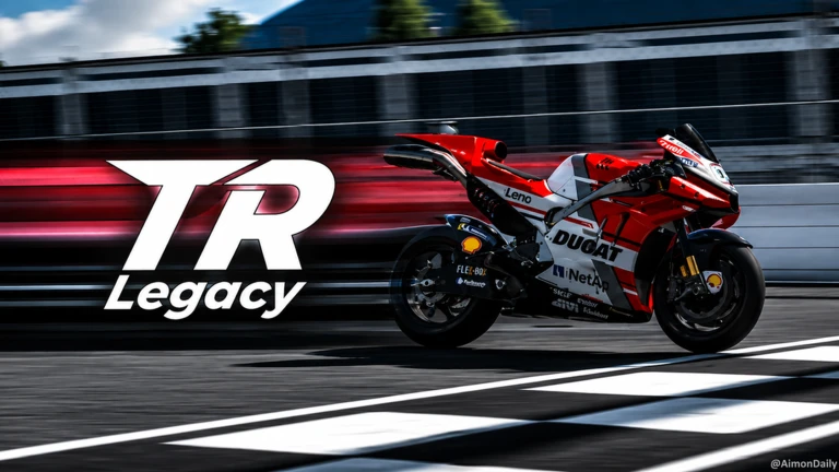 ภาพทางการ TR Legacy: รถจักรยานยนต์สีแดงวิ่งผ่านสนามแข่ง · Media TR Legacy · 73996283241050