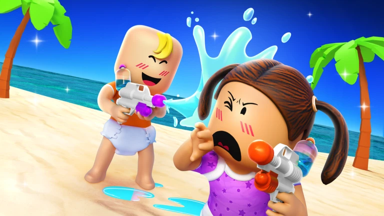 เด็กสองคนเล่นปืนฉีดน้ำริมทะเล จาก Twilight Daycare ของ Nighty Studio บน Roblox