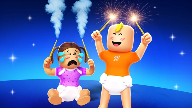 เด็กสองคนจุดพลุบนพื้นสีน้ำเงิน จาก Twilight Daycare ของ Nighty Studio บน Roblox