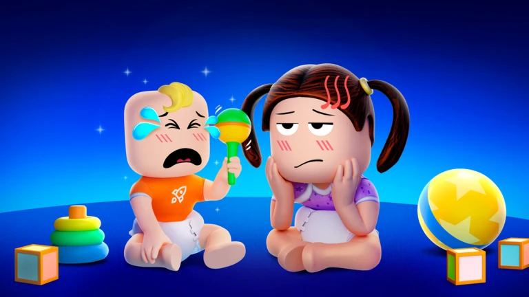 เด็กสองคนเล่นของเล่นบนพื้นสีน้ำเงิน จาก Twilight Daycare ของ Nighty Studio บน Roblox