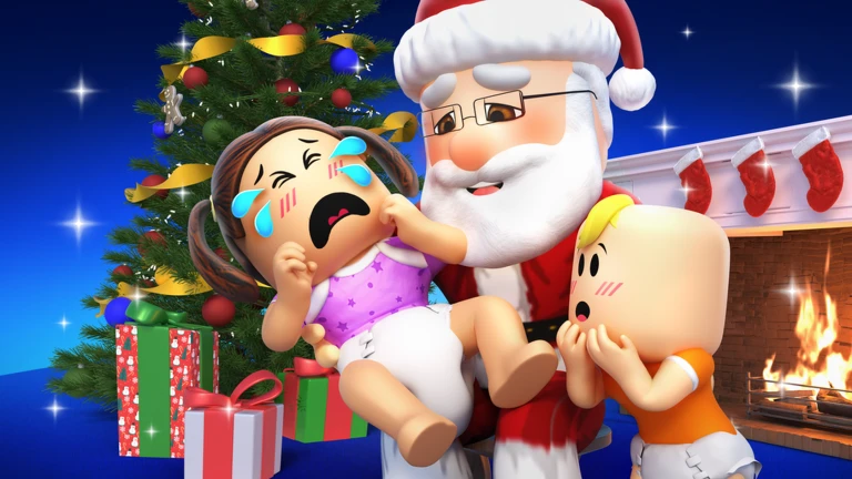 ซานต้ากอดเด็กสองคนหน้าต้นคริสต์มาส จาก Twilight Daycare ของ Nighty Studio บน Roblox