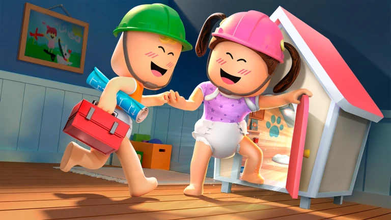 เด็กสองคนถือของข้างบ้านของสัตว์เลี้ยง จาก Twilight Daycare ของ Nighty Studio บน Roblox