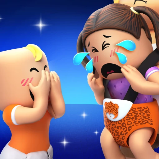 เด็กผมบลอนด์ยิ้มข้างเด็กผมเปียที่กำลังร้องไห้ จาก Twilight Daycare ของ Nighty Studio บน Roblox