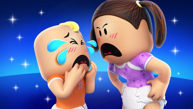 เด็กผมเปียทำท่าดุเด็กทารกที่ร้องไห้ จาก Twilight Daycare ของ Nighty Studio บน Roblox