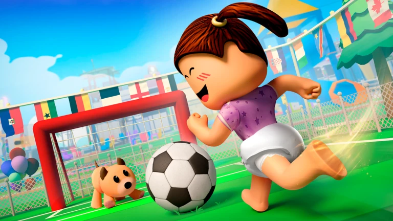 เด็กเล่นฟุตบอลหน้าประตูและธงหลากสี จาก Twilight Daycare ของ Nighty Studio บน Roblox