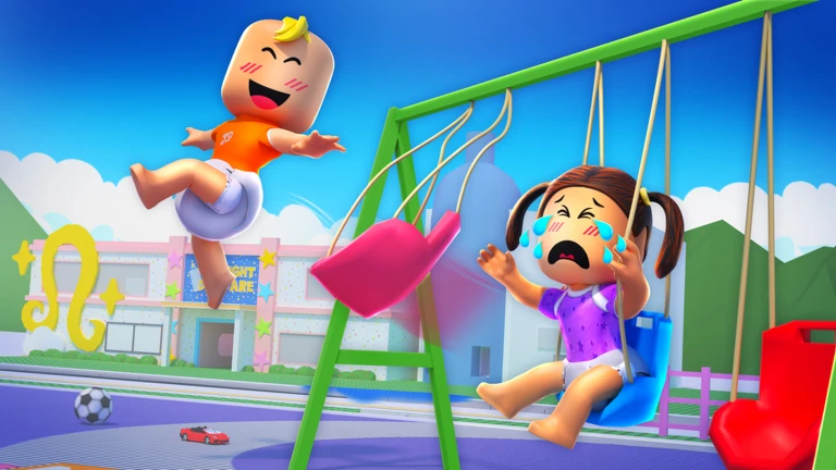 เด็กสองคนเล่นชิงช้าในสนาม จาก Twilight Daycare ของ Nighty Studio บน Roblox