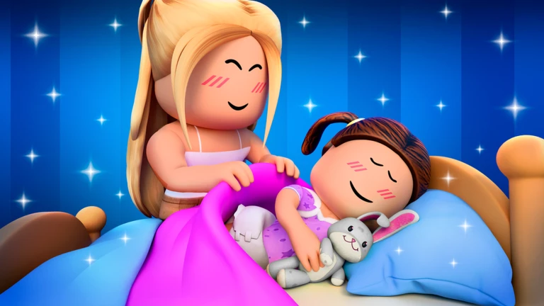เด็กนอนหลับใต้ผ้าห่มโดยมีผู้ดูแลอยู่ข้างเตียง จาก Twilight Daycare ของ Nighty Studio บน Roblox