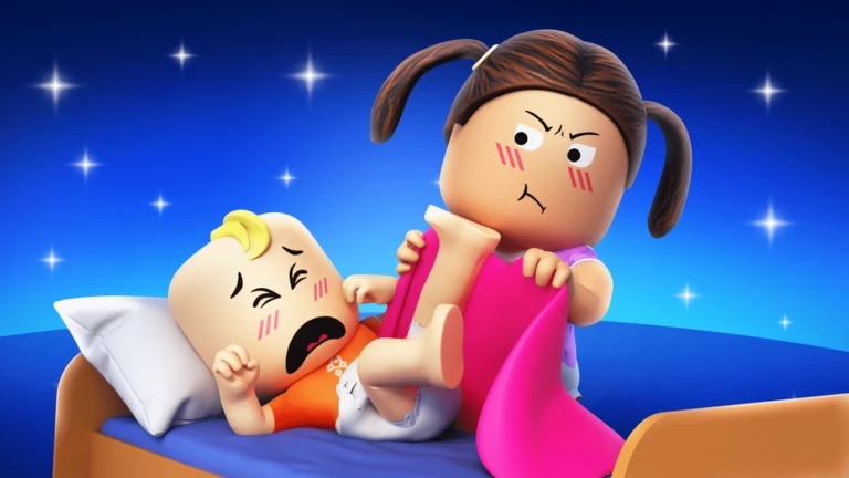 เด็กดึงผ้าห่มสีชมพูข้างเตียง จาก Twilight Daycare ของ Nighty Studio บน Roblox