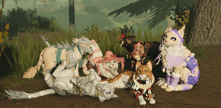 โปสเตอร์ Event Halloween 2025 ของ Warrior Cats: Ultimate Edition แสดงแมวหลายตัวรวมกลุ่มในฉากป่า